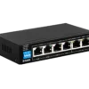 D-Link DGS-F1006P-E — Specifications for SOE / Government / Enterprise Use Category Specification Model D-Link DGS-F1006P-E Form Factor Desktop (Metal Housing, Fanless – Silent) Total Ports 6 × RJ-45 Gigabit Ethernet (10/100/1000 Mbps) PoE Ports 4 × PoE (IEEE 802.3af/at) – Ports 1 to 4 Non-PoE Uplink Ports 2 × Uplink (Gigabit) – Ports 5 & 6 Switching Capacity 12 Gbps PoE Budget 60 Watts total across 4 ports PoE Power per Port Up to 30W (802.3at), auto-sensing Extend Mode Up to 250m PoE+Data transmission DIP Switches 4 DIP Switches: Extend / VLAN / QoS / Auto PoE Reset Surge Protection 6kV built-in per port VLAN Isolation Yes (via DIP switch) QoS Priority for Port 1 & 2 (via DIP switch) Auto Recovery Auto power-cycle frozen PoE devices Power Input 52V DC, 1.15A (External Adapter) Operating Temp. 0°C to 40°C Humidity 10%–90% (non-condensing) Dimensions 125mm x 75mm x 27mm Weight ~750g Installation Plug & Play (Unmanaged) Compliance CE, FCC, RoHS Security & Reliability Surge-protected, VLAN support, non-blocking architecture Ideal Use Case CCTV, access control, VoIP phones, remote office networking
