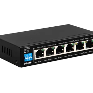 D-Link DGS-F1006P-E — Specifications for SOE / Government / Enterprise Use Category Specification Model D-Link DGS-F1006P-E Form Factor Desktop (Metal Housing, Fanless – Silent) Total Ports 6 × RJ-45 Gigabit Ethernet (10/100/1000 Mbps) PoE Ports 4 × PoE (IEEE 802.3af/at) – Ports 1 to 4 Non-PoE Uplink Ports 2 × Uplink (Gigabit) – Ports 5 & 6 Switching Capacity 12 Gbps PoE Budget 60 Watts total across 4 ports PoE Power per Port Up to 30W (802.3at), auto-sensing Extend Mode Up to 250m PoE+Data transmission DIP Switches 4 DIP Switches: Extend / VLAN / QoS / Auto PoE Reset Surge Protection 6kV built-in per port VLAN Isolation Yes (via DIP switch) QoS Priority for Port 1 & 2 (via DIP switch) Auto Recovery Auto power-cycle frozen PoE devices Power Input 52V DC, 1.15A (External Adapter) Operating Temp. 0°C to 40°C Humidity 10%–90% (non-condensing) Dimensions 125mm x 75mm x 27mm Weight ~750g Installation Plug & Play (Unmanaged) Compliance CE, FCC, RoHS Security & Reliability Surge-protected, VLAN support, non-blocking architecture Ideal Use Case CCTV, access control, VoIP phones, remote office networking