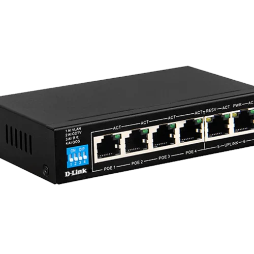 D-Link DGS-F1006P-E — Specifications for SOE / Government / Enterprise Use Category Specification Model D-Link DGS-F1006P-E Form Factor Desktop (Metal Housing, Fanless – Silent) Total Ports 6 × RJ-45 Gigabit Ethernet (10/100/1000 Mbps) PoE Ports 4 × PoE (IEEE 802.3af/at) – Ports 1 to 4 Non-PoE Uplink Ports 2 × Uplink (Gigabit) – Ports 5 & 6 Switching Capacity 12 Gbps PoE Budget 60 Watts total across 4 ports PoE Power per Port Up to 30W (802.3at), auto-sensing Extend Mode Up to 250m PoE+Data transmission DIP Switches 4 DIP Switches: Extend / VLAN / QoS / Auto PoE Reset Surge Protection 6kV built-in per port VLAN Isolation Yes (via DIP switch) QoS Priority for Port 1 & 2 (via DIP switch) Auto Recovery Auto power-cycle frozen PoE devices Power Input 52V DC, 1.15A (External Adapter) Operating Temp. 0°C to 40°C Humidity 10%–90% (non-condensing) Dimensions 125mm x 75mm x 27mm Weight ~750g Installation Plug & Play (Unmanaged) Compliance CE, FCC, RoHS Security & Reliability Surge-protected, VLAN support, non-blocking architecture Ideal Use Case CCTV, access control, VoIP phones, remote office networking