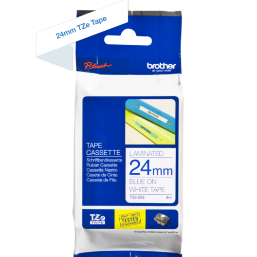 Brother TZe-253 Label Tape – Blue on White, 24mm Wide