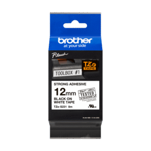 Brother TZe-S231 Label Tape – 12mm Black on White Strong Adhesive