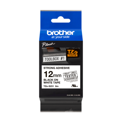 Brother TZe-S231 Label Tape – 12mm Black on White Strong Adhesive