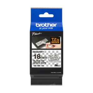 Brother TZe-SE4 Security Label Tape – 18mm Black on White, Strong Self-Adhesive