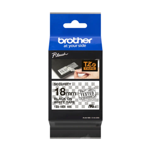 Brother TZe-SE4 Security Label Tape – 18mm Black on White, Strong Self-Adhesive