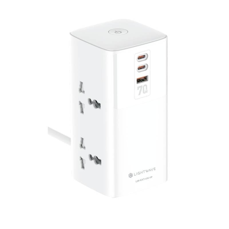 Lightwave Extension Socket 3 Metres 4 Way with 70W 3 USB Ports and Surge Protection